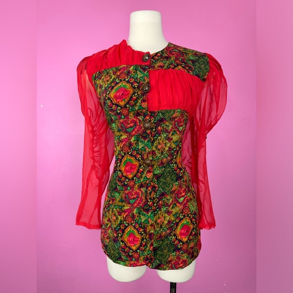 Vintage 1980s 80s Button Up Blouse with Ruched Red Chiffon Sheer Long Sleeves - Picture 4 of 11